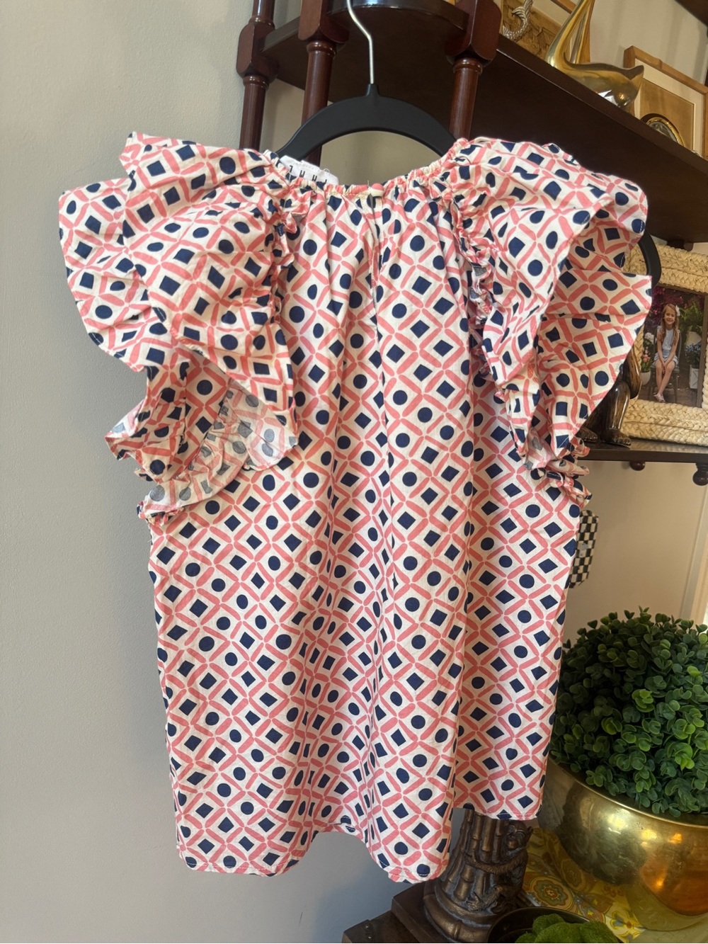 THML Geometric Print Ruffle Sleeve Blouse - Pink & Navy - Picture 3 of 3